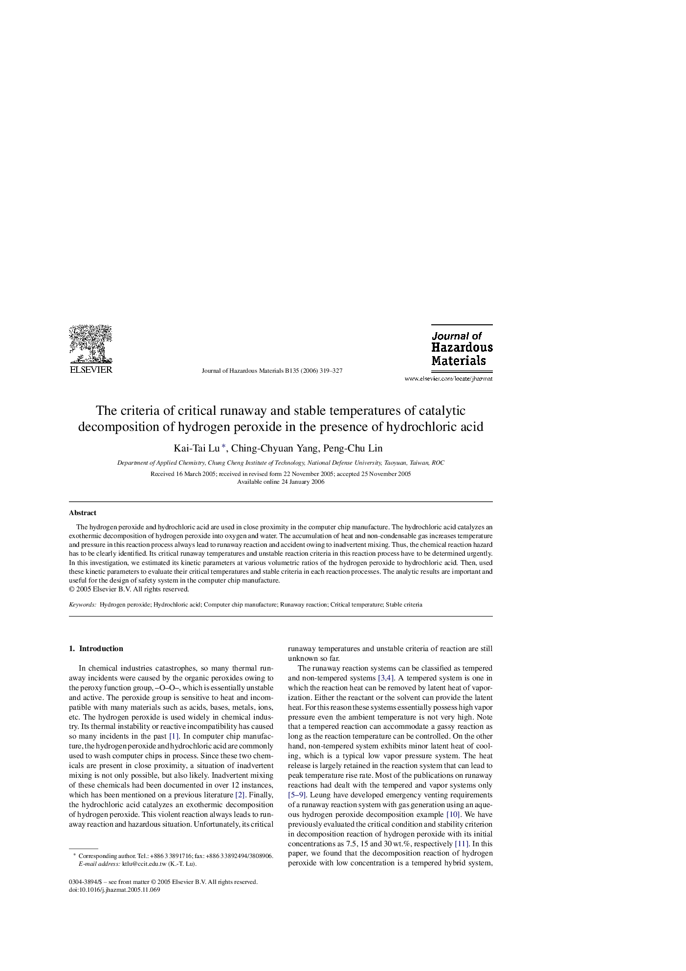 The criteria of critical runaway and stable temperatures of catalytic decomposition of hydrogen peroxide in the presence of hydrochloric acid