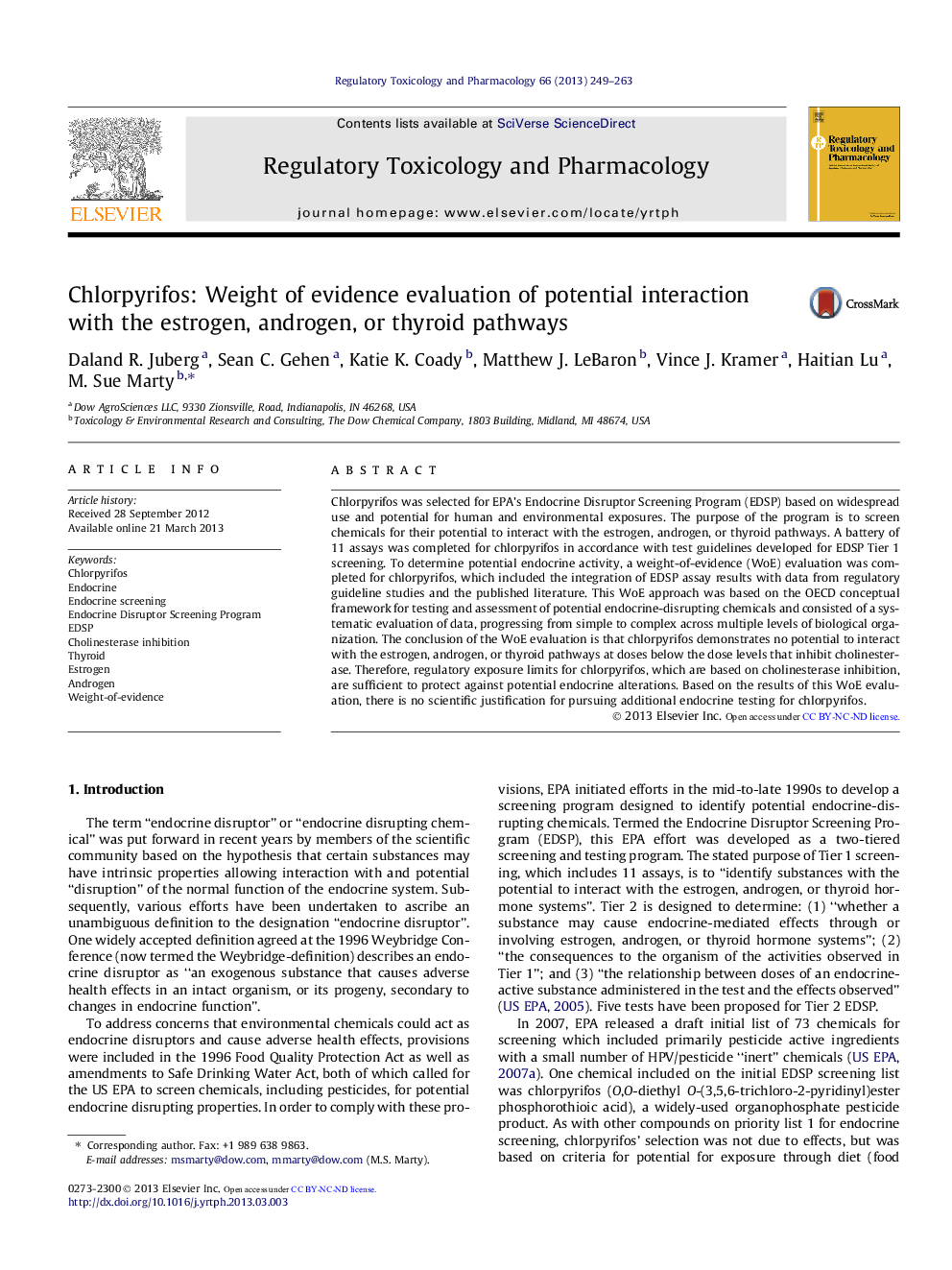 Chlorpyrifos: Weight of evidence evaluation of potential interaction with the estrogen, androgen, or thyroid pathways