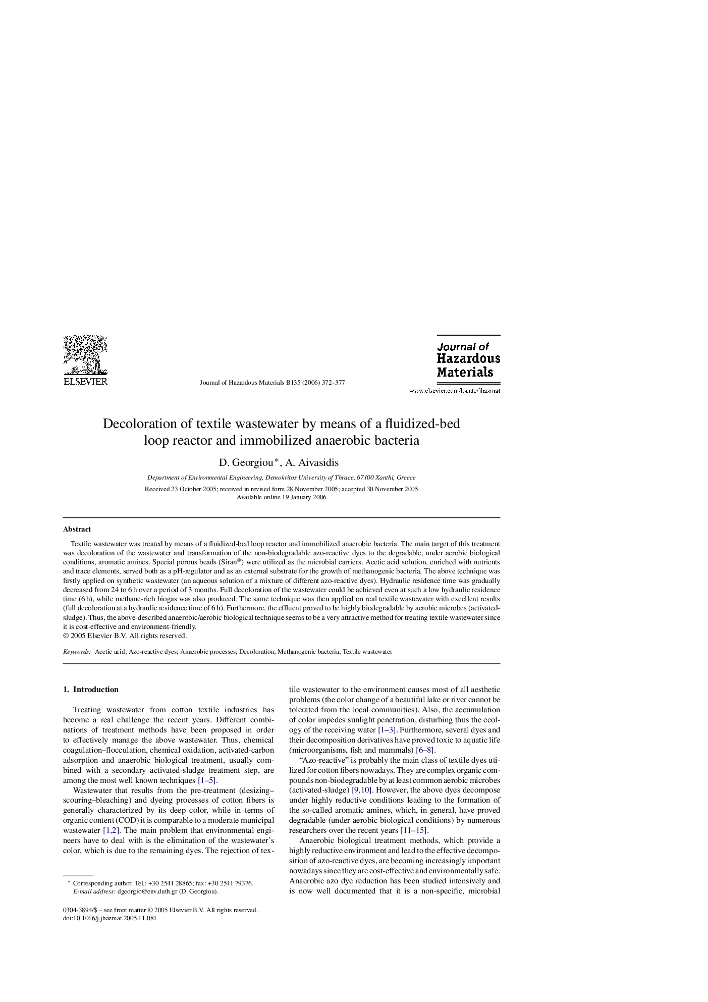 Decoloration of textile wastewater by means of a fluidized-bed loop reactor and immobilized anaerobic bacteria