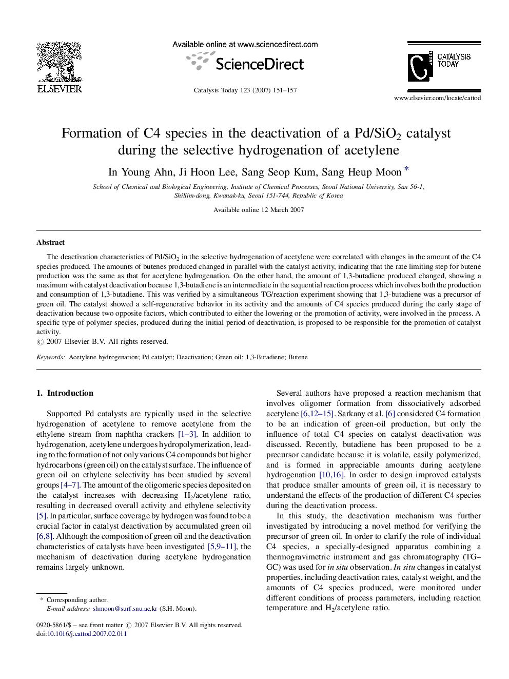 Formation of C4 species in the deactivation of a Pd/SiO2 catalyst during the selective hydrogenation of acetylene