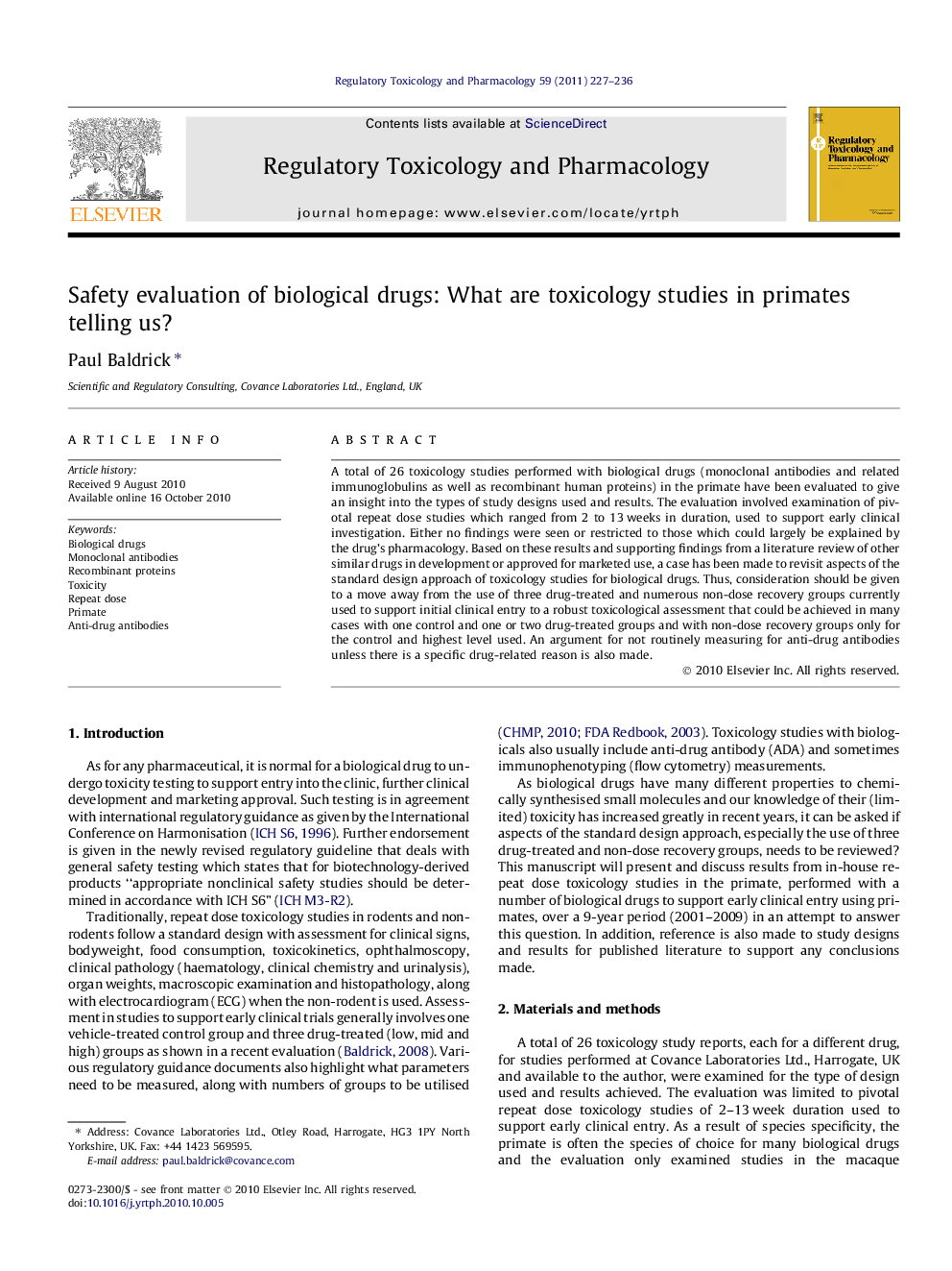 Safety evaluation of biological drugs: What are toxicology studies in primates telling us?