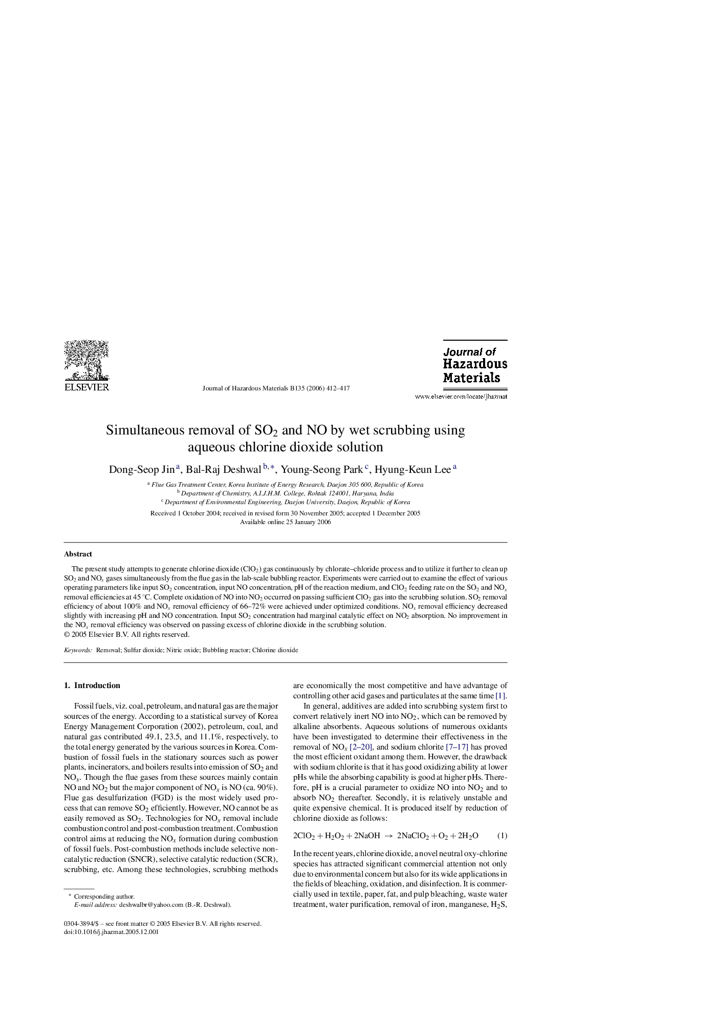 Simultaneous removal of SO2 and NO by wet scrubbing using aqueous chlorine dioxide solution