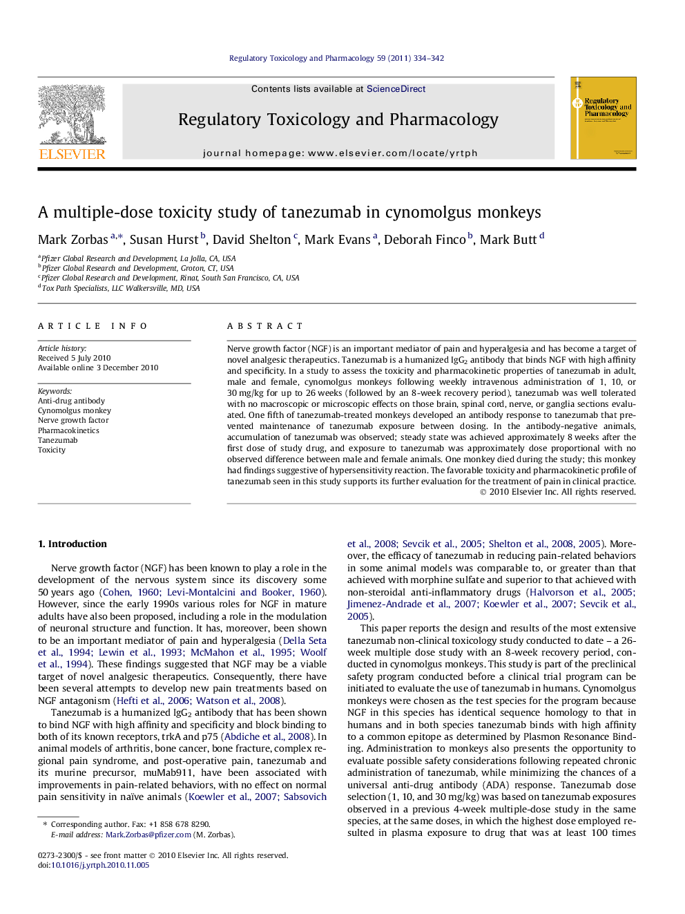 A multiple-dose toxicity study of tanezumab in cynomolgus monkeys