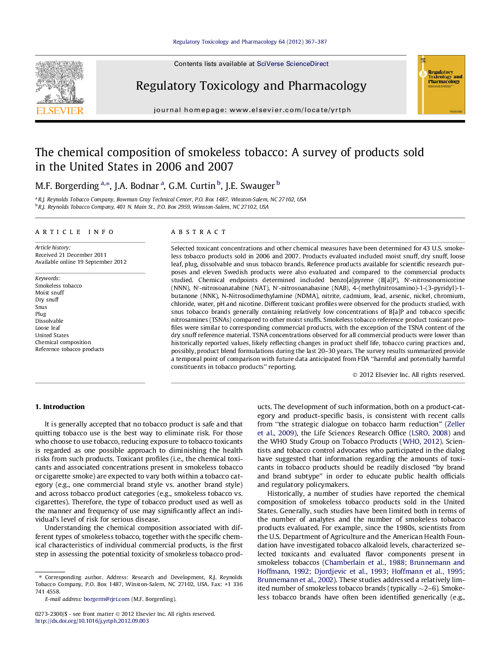 The chemical composition of smokeless tobacco: A survey of products sold in the United States in 2006 and 2007