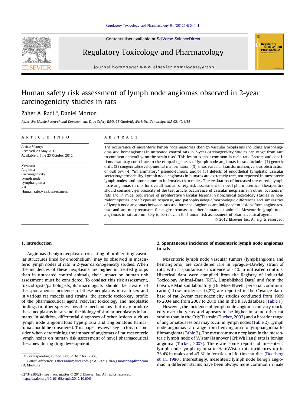 Human safety risk assessment of lymph node angiomas observed in 2-year carcinogenicity studies in rats