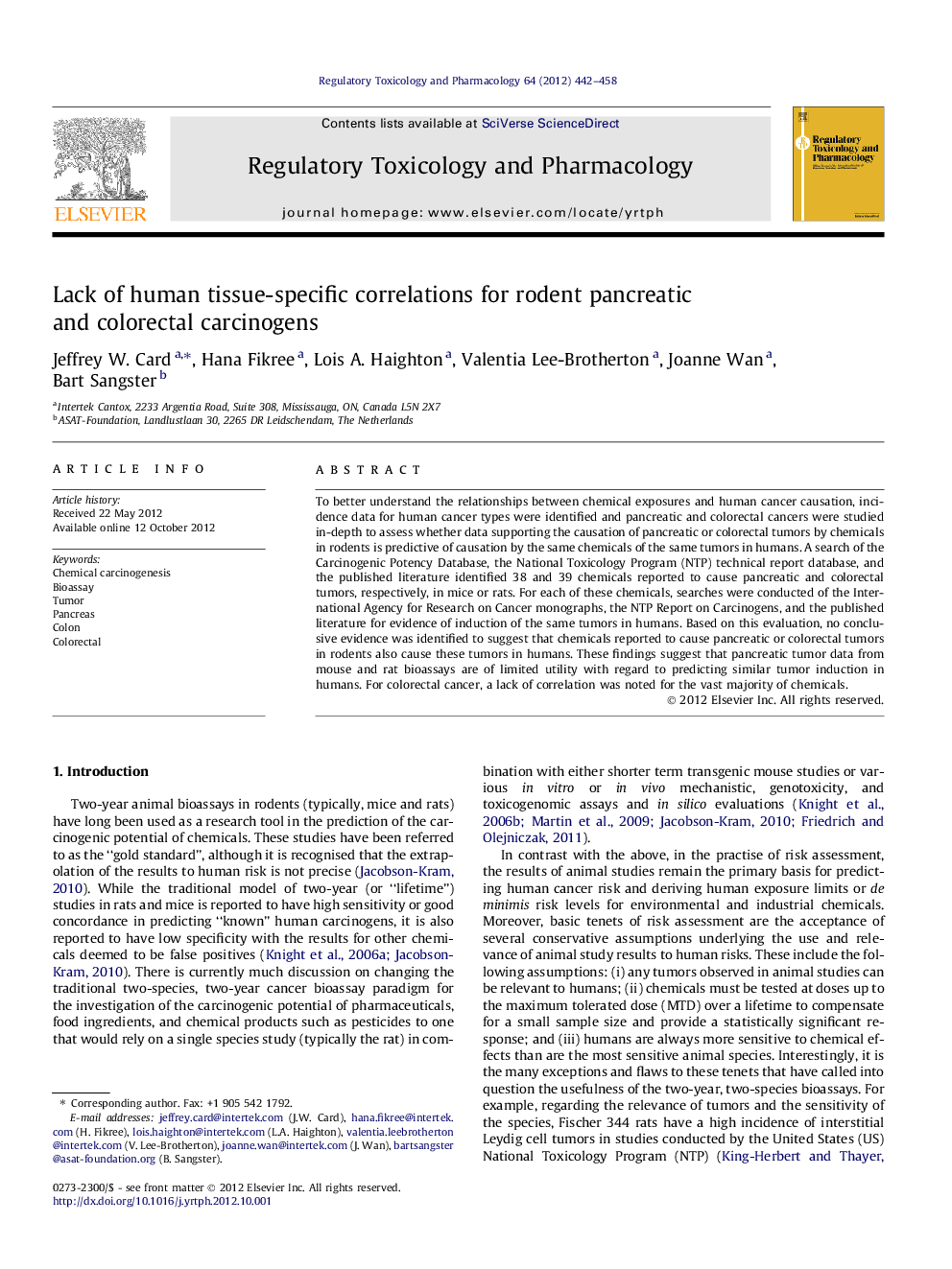 Lack of human tissue-specific correlations for rodent pancreatic and colorectal carcinogens