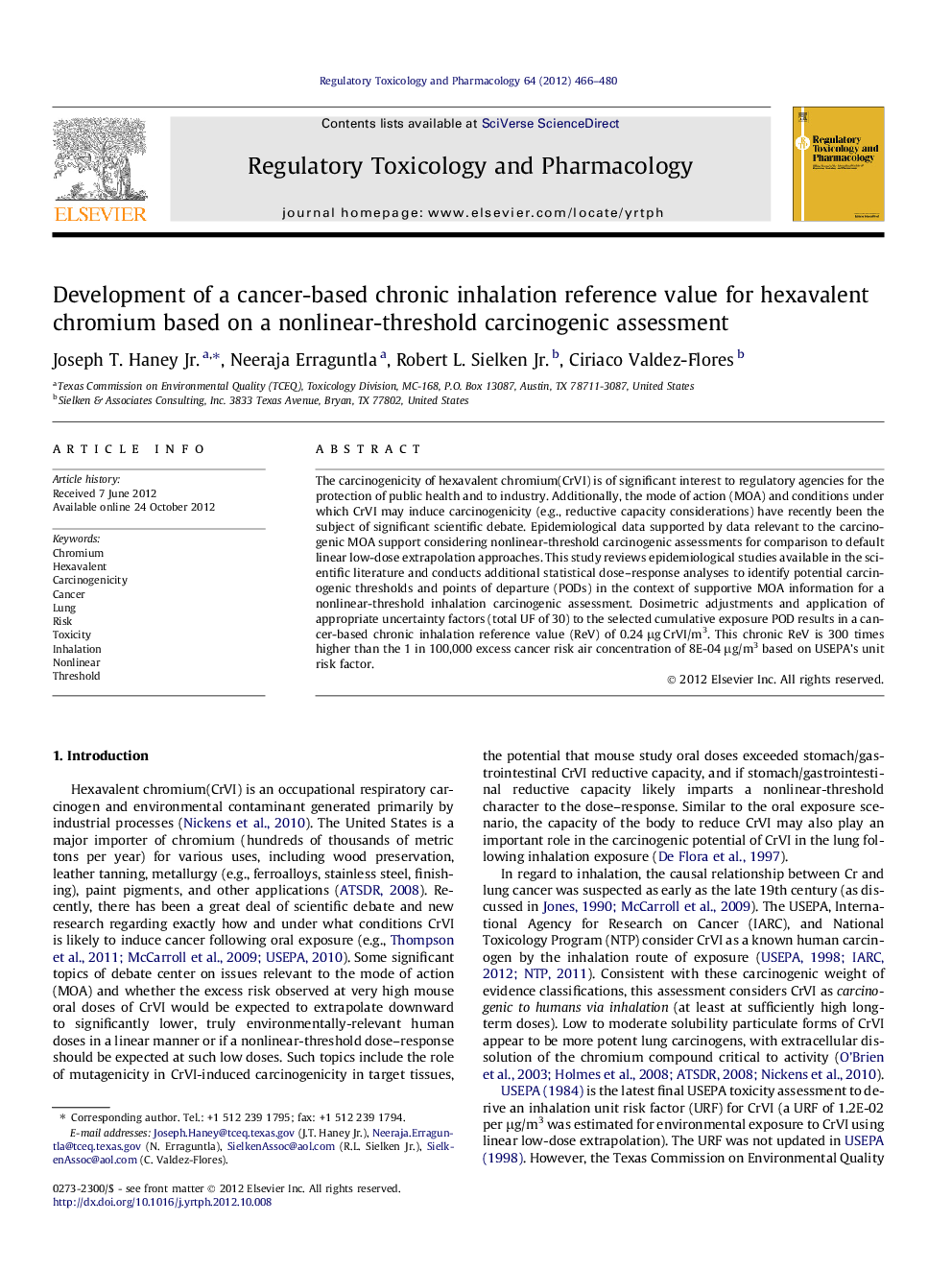 Development of a cancer-based chronic inhalation reference value for hexavalent chromium based on a nonlinear-threshold carcinogenic assessment