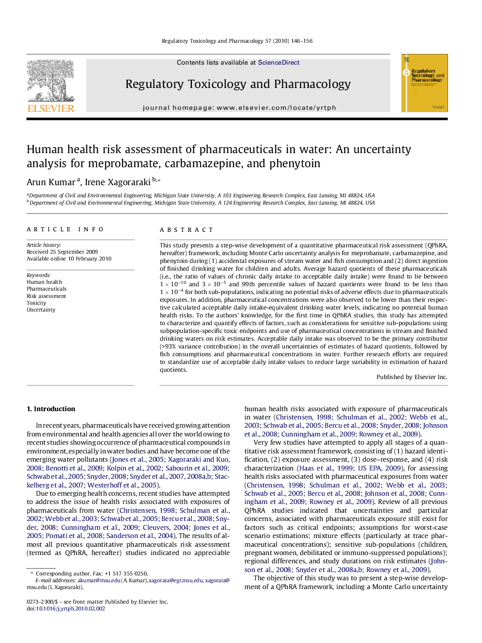 Human health risk assessment of pharmaceuticals in water: An uncertainty analysis for meprobamate, carbamazepine, and phenytoin