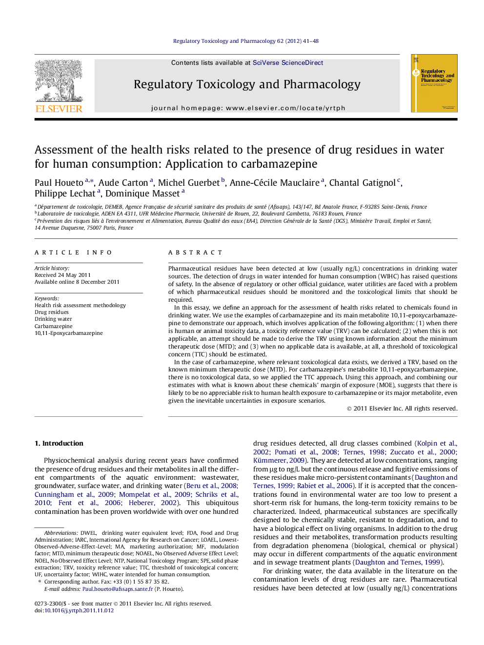 Assessment of the health risks related to the presence of drug residues in water for human consumption: Application to carbamazepine