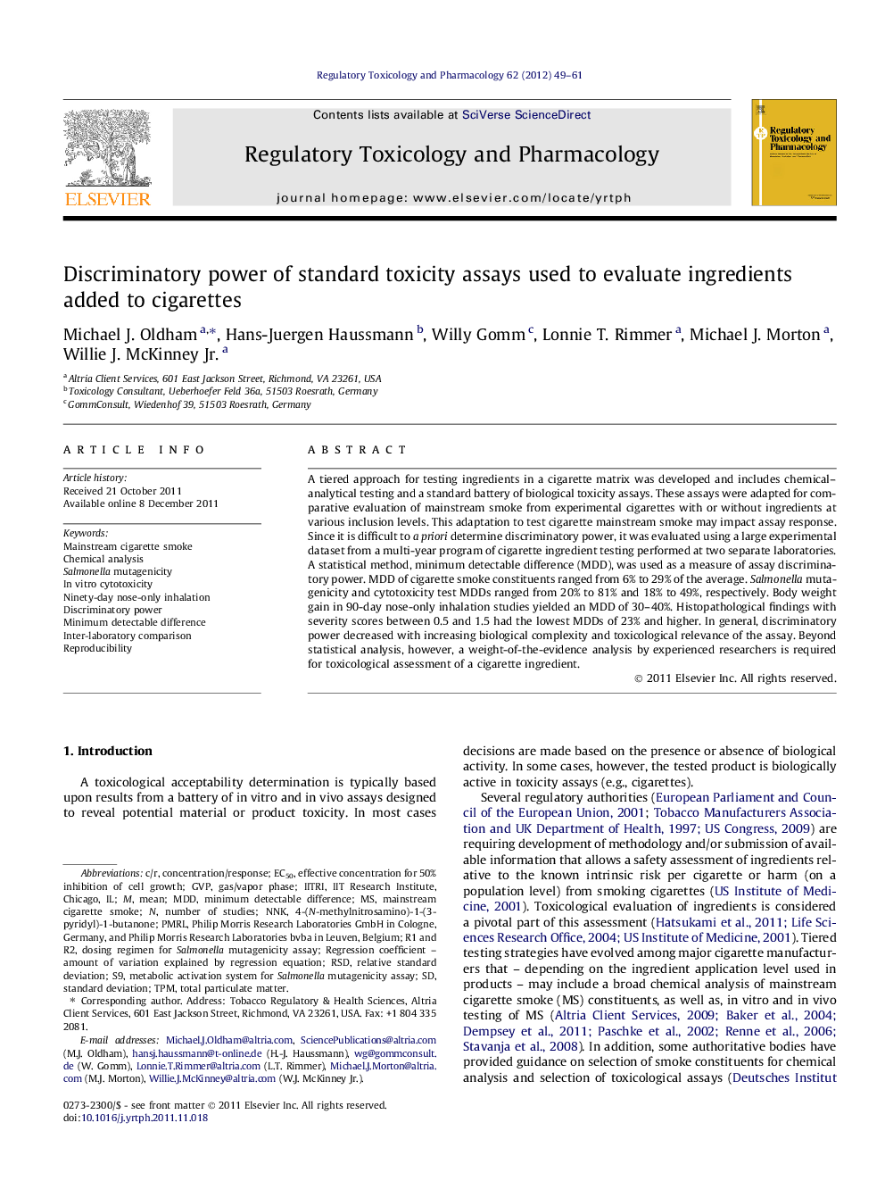 Discriminatory power of standard toxicity assays used to evaluate ingredients added to cigarettes