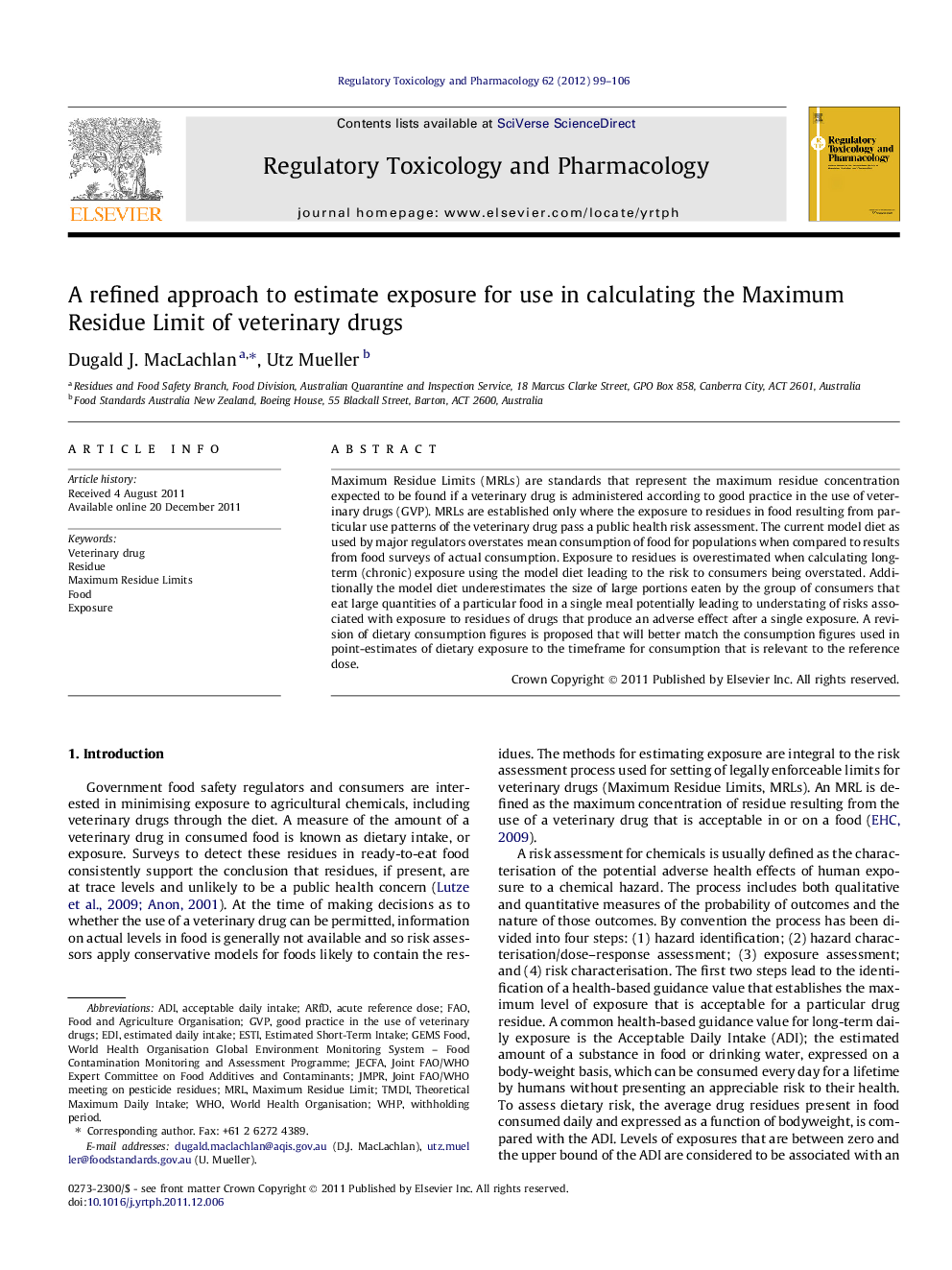 A refined approach to estimate exposure for use in calculating the Maximum Residue Limit of veterinary drugs