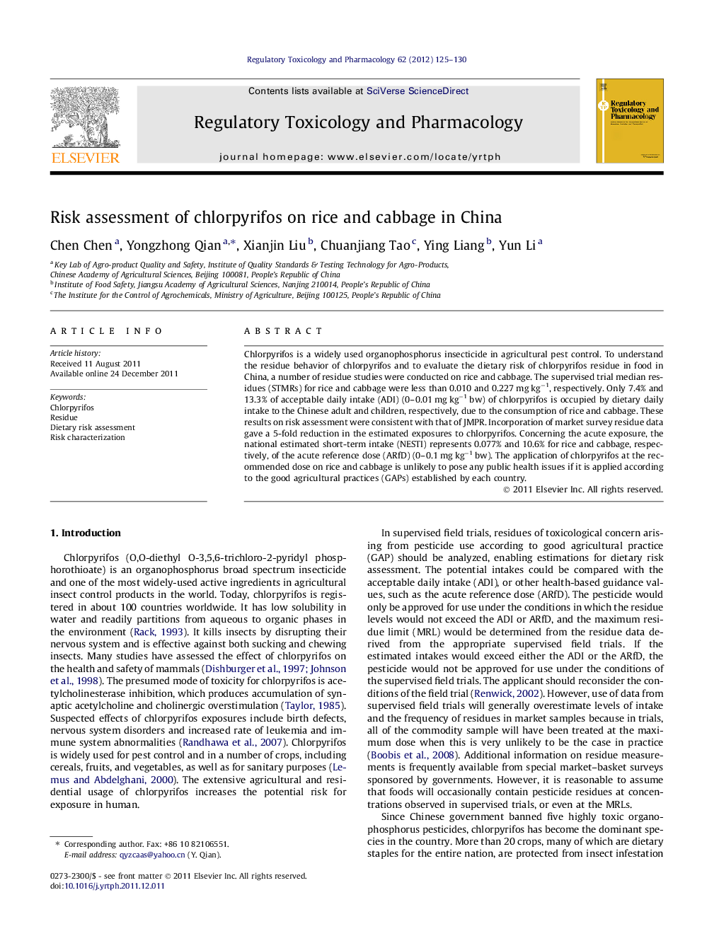 Risk assessment of chlorpyrifos on rice and cabbage in China