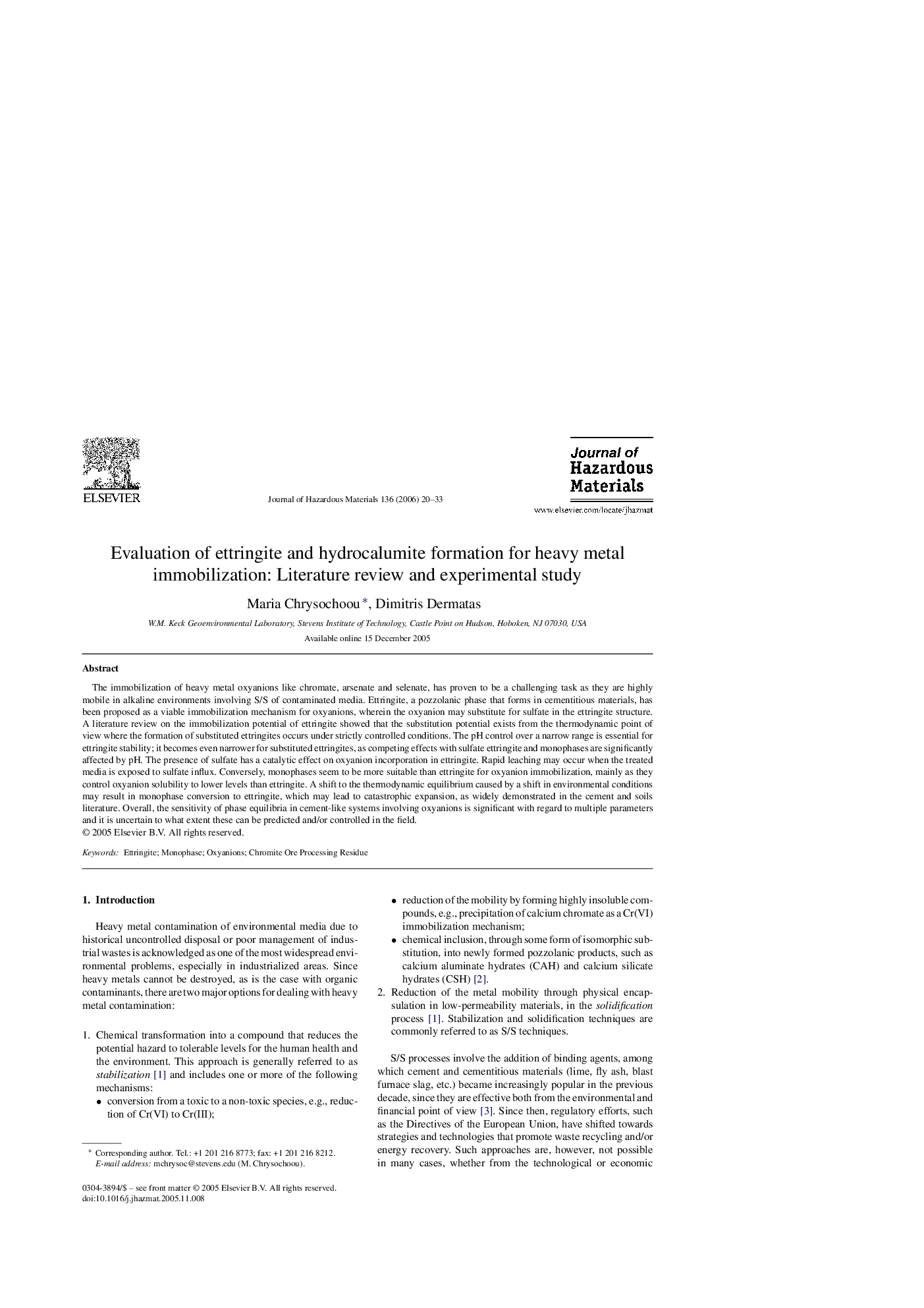 Evaluation of ettringite and hydrocalumite formation for heavy metal immobilization: Literature review and experimental study