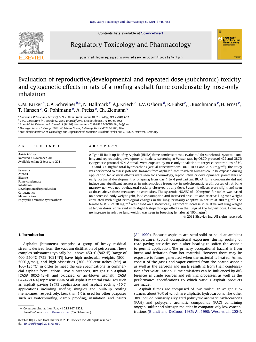 Evaluation of reproductive/developmental and repeated dose (subchronic) toxicity and cytogenetic effects in rats of a roofing asphalt fume condensate by nose-only inhalation