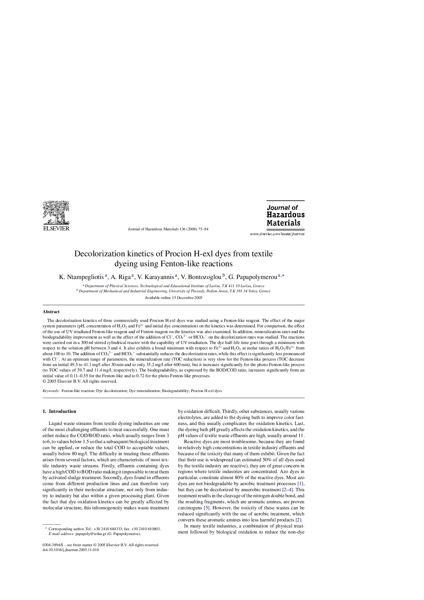 Decolorization kinetics of Procion H-exl dyes from textile dyeing using Fenton-like reactions