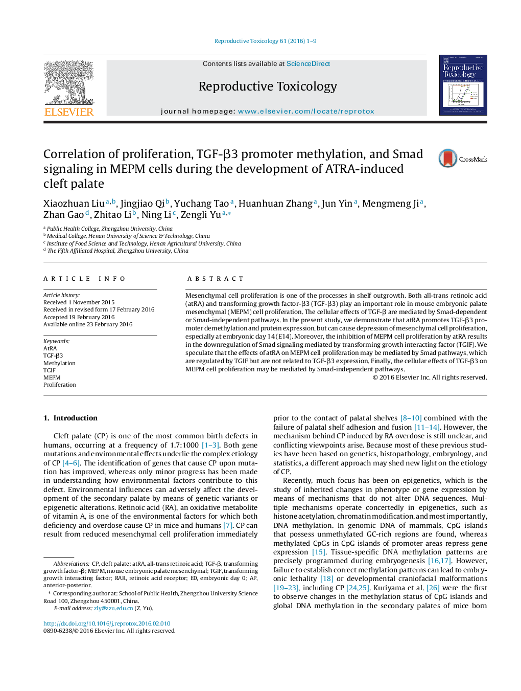 Correlation of proliferation, TGF-Î²3 promoter methylation, and Smad signaling in MEPM cells during the development of ATRA-induced cleft palate