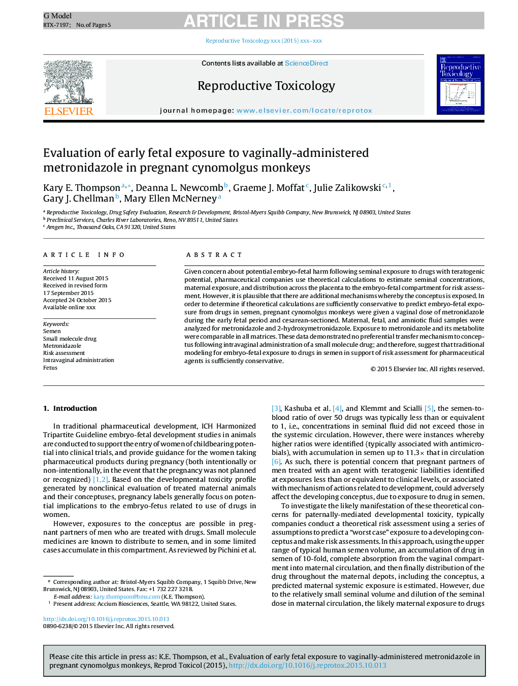 Evaluation of early fetal exposure to vaginally-administered metronidazole in pregnant cynomolgus monkeys