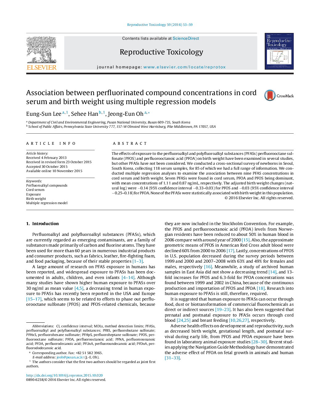 Association between perfluorinated compound concentrations in cord serum and birth weight using multiple regression models