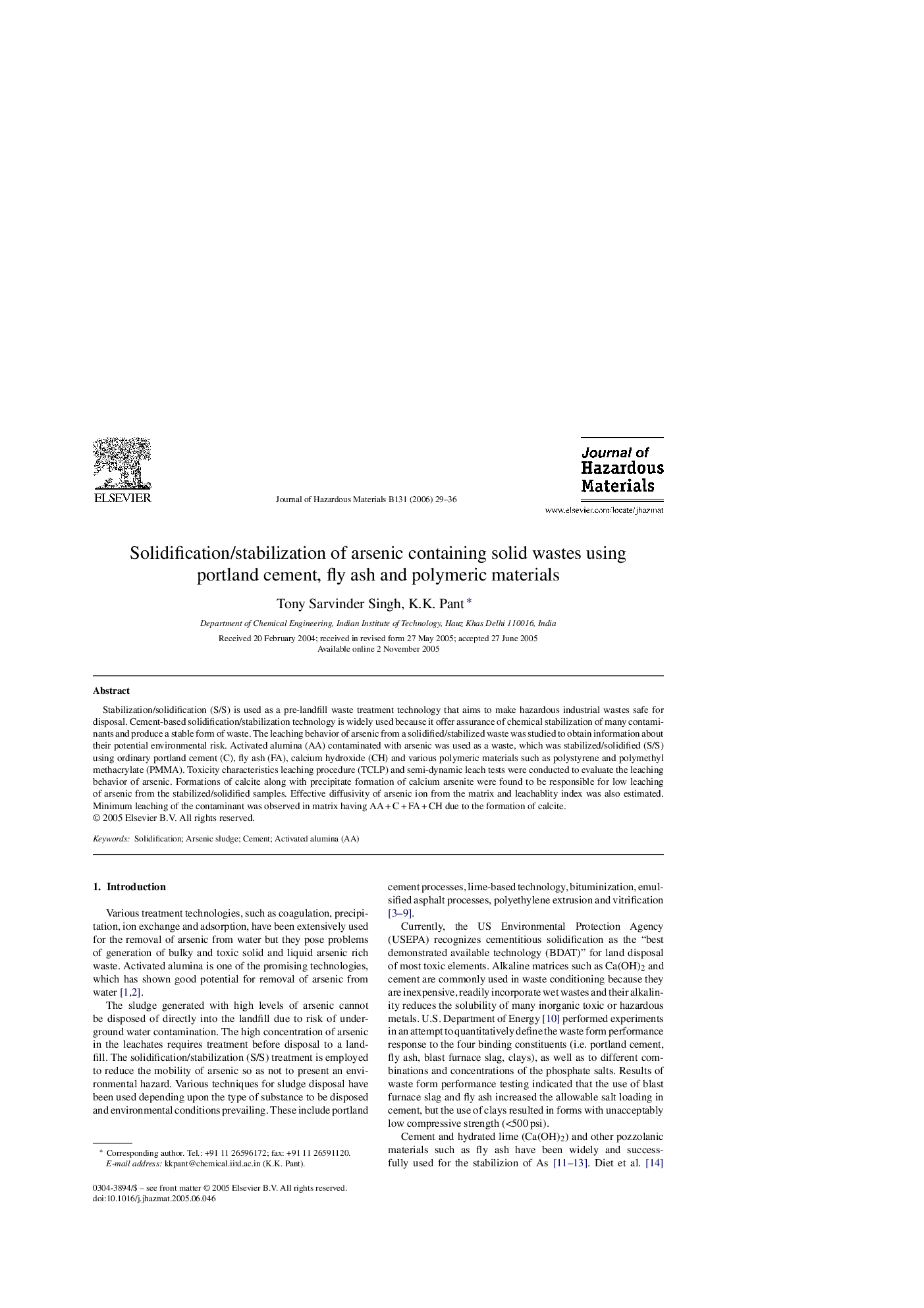 Solidification/stabilization of arsenic containing solid wastes using portland cement, fly ash and polymeric materials