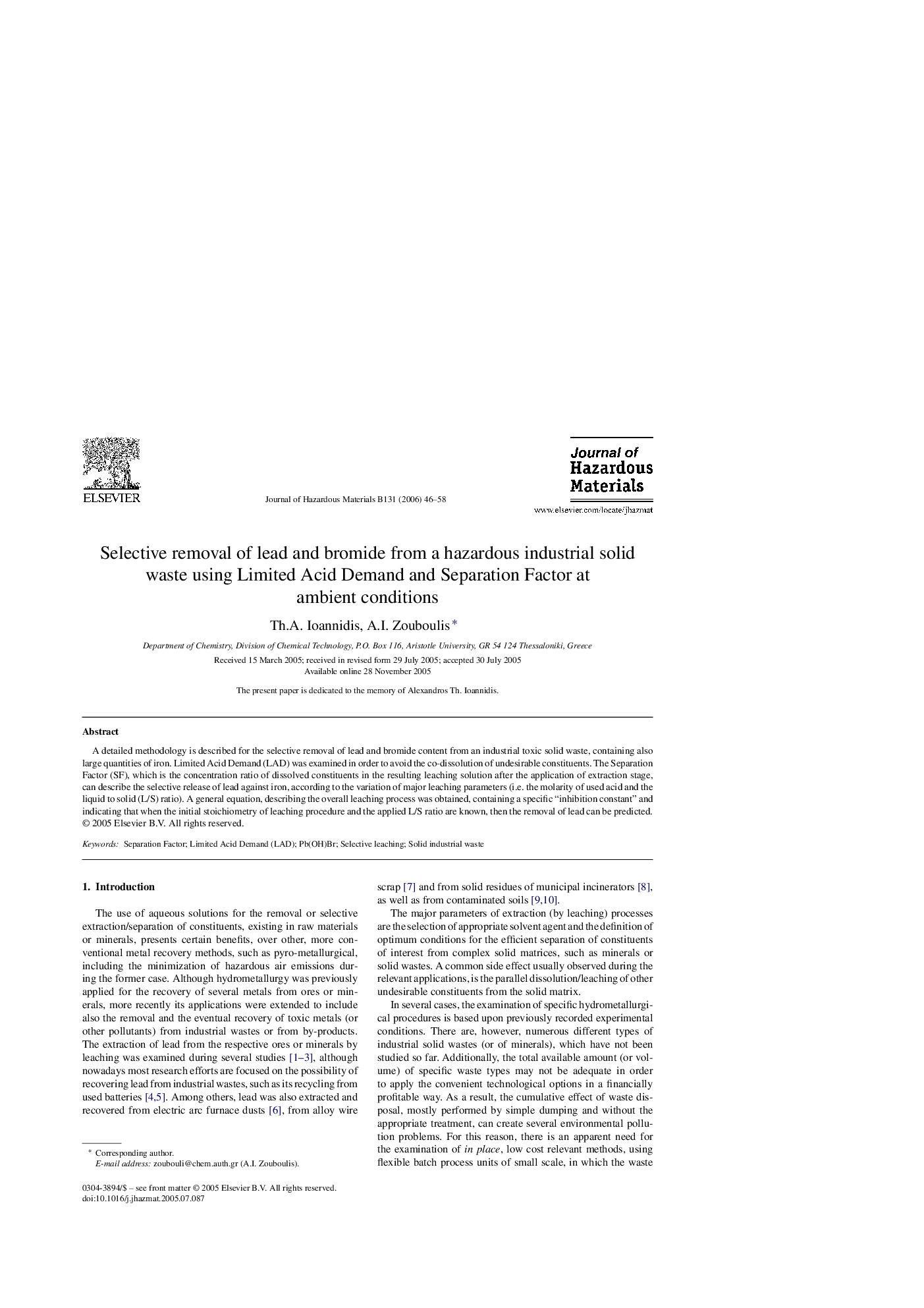 Selective removal of lead and bromide from a hazardous industrial solid waste using Limited Acid Demand and Separation Factor at ambient conditions