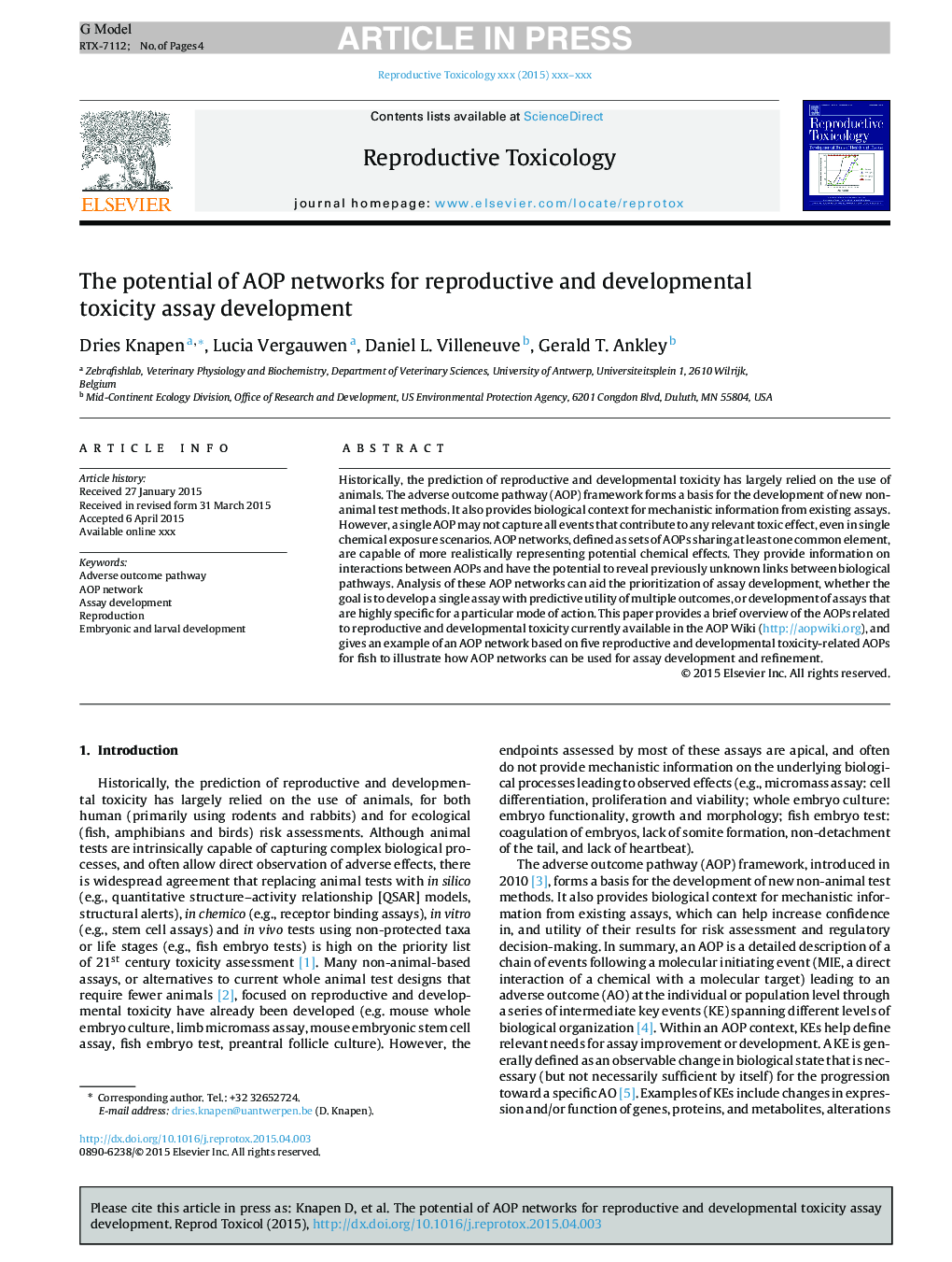 The potential of AOP networks for reproductive and developmental toxicity assay development