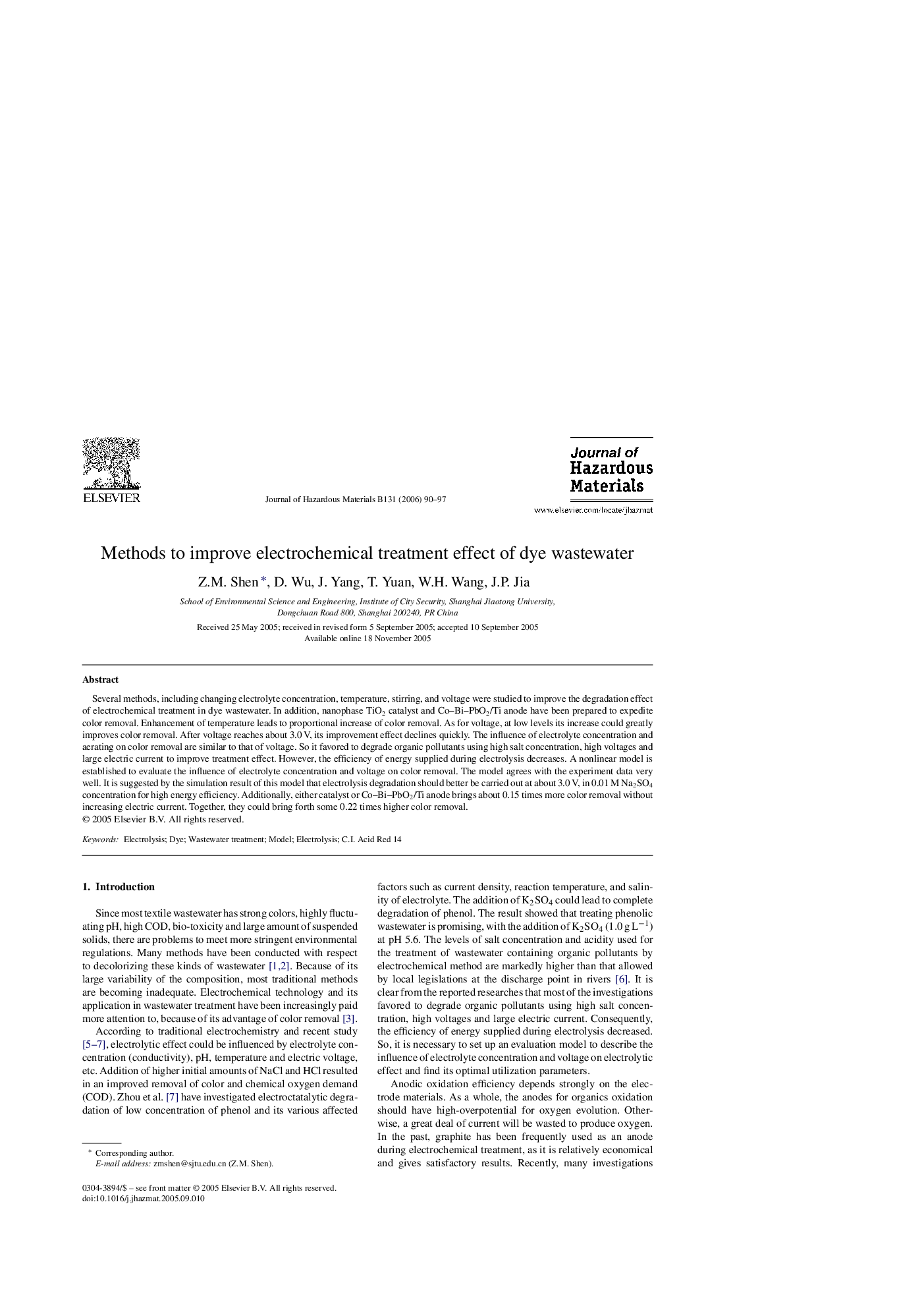 Methods to improve electrochemical treatment effect of dye wastewater