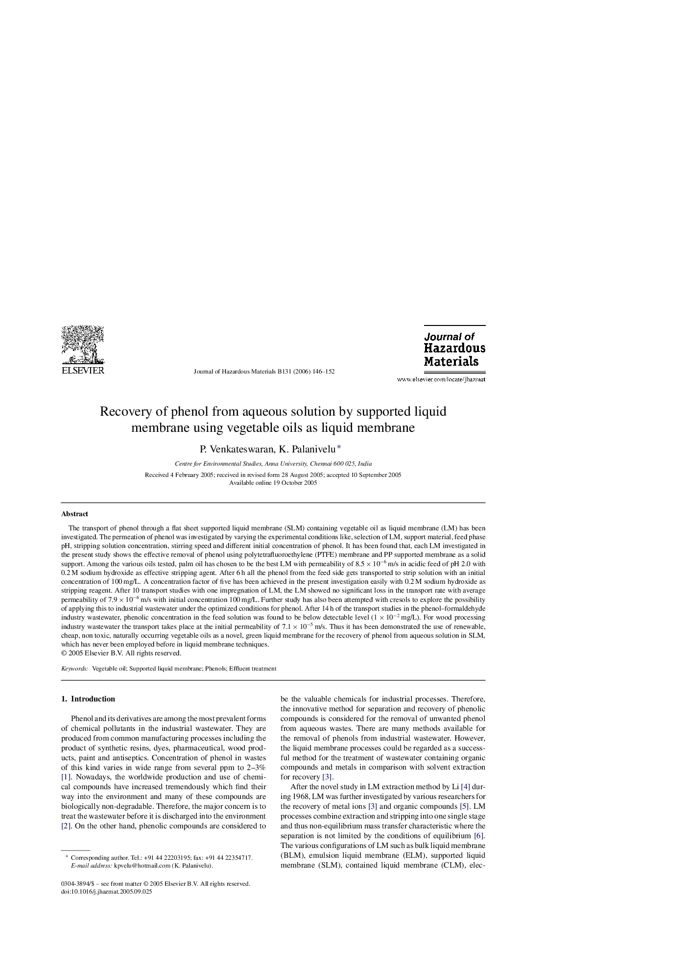 Recovery of phenol from aqueous solution by supported liquid membrane using vegetable oils as liquid membrane