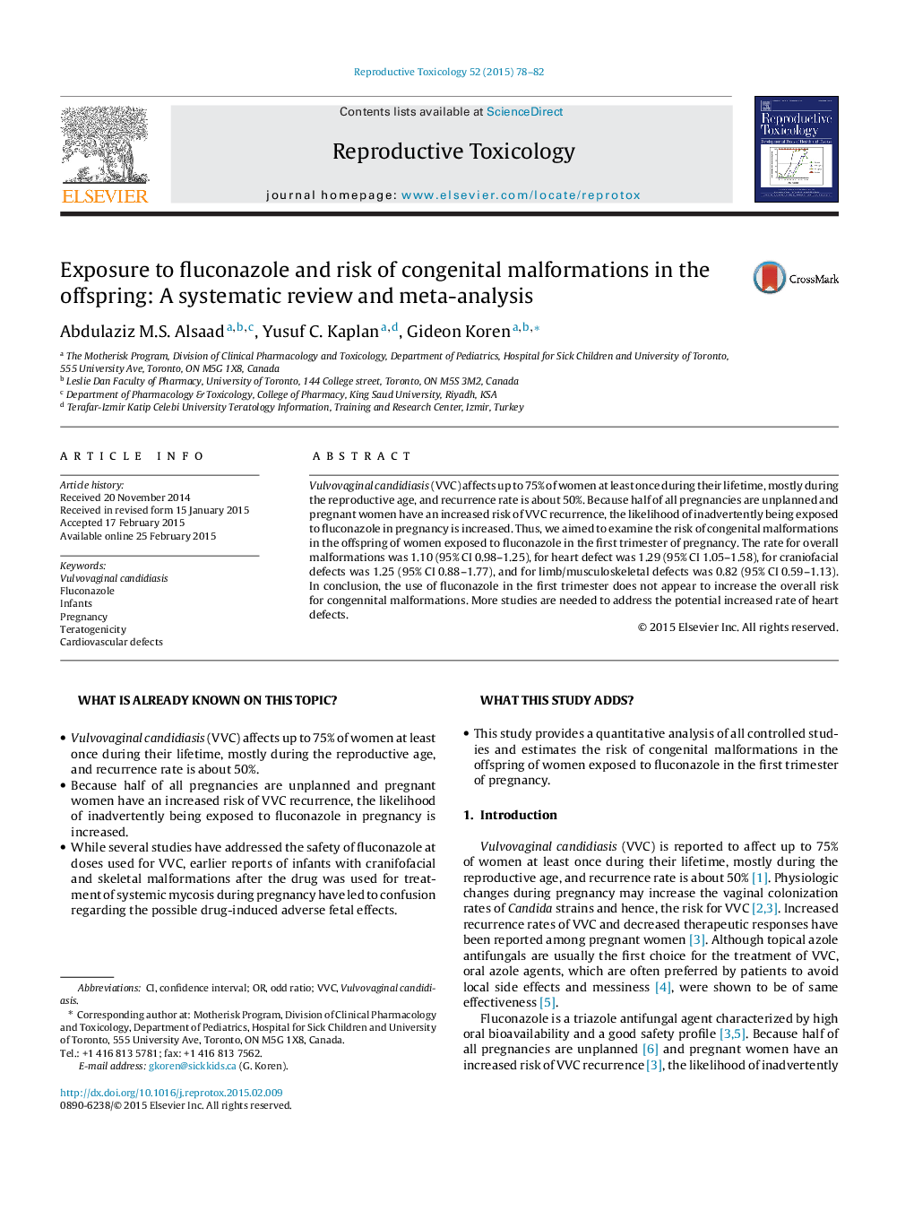 Exposure to fluconazole and risk of congenital malformations in the offspring: A systematic review and meta-analysis