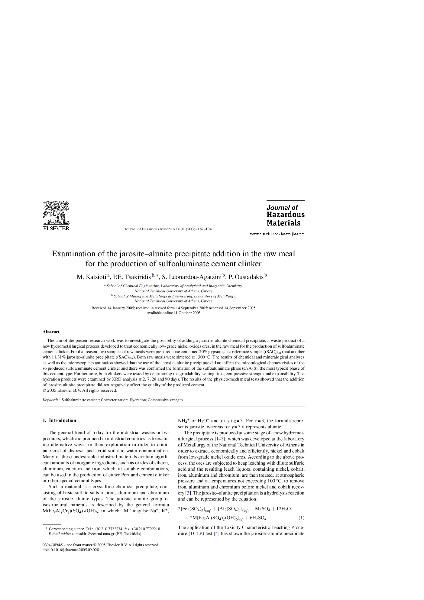 Examination of the jarosite–alunite precipitate addition in the raw meal for the production of sulfoaluminate cement clinker