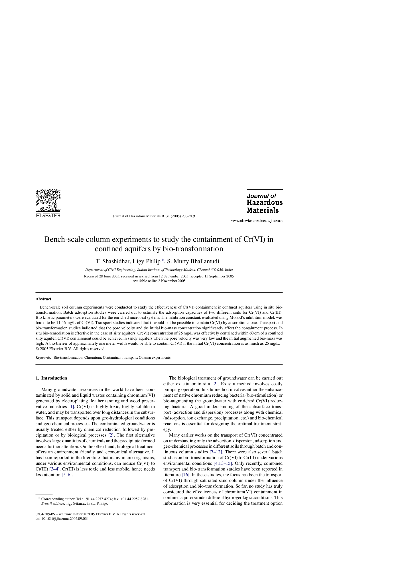 Bench-scale column experiments to study the containment of Cr(VI) in confined aquifers by bio-transformation