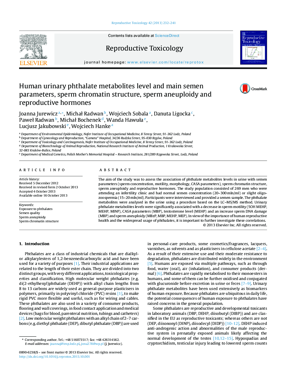 Human urinary phthalate metabolites level and main semen parameters, sperm chromatin structure, sperm aneuploidy and reproductive hormones