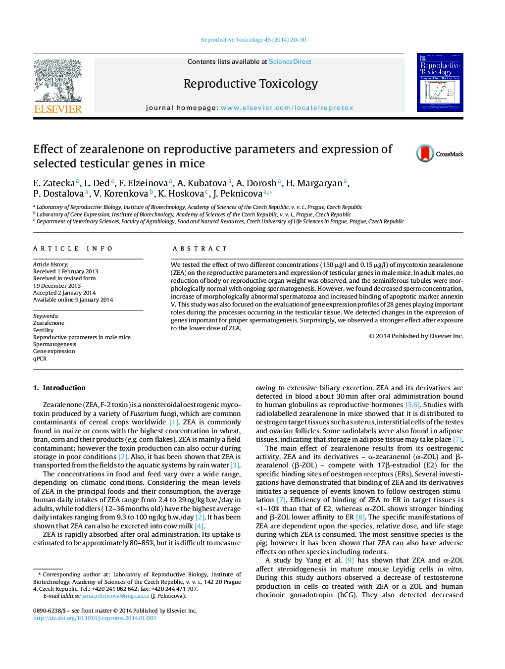 Effect of zearalenone on reproductive parameters and expression of selected testicular genes in mice