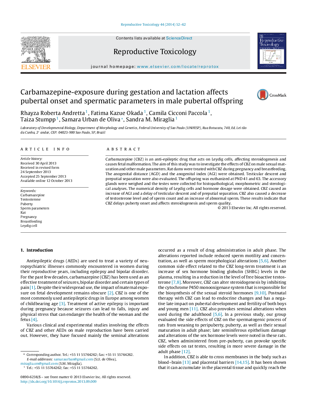 Carbamazepine-exposure during gestation and lactation affects pubertal onset and spermatic parameters in male pubertal offspring