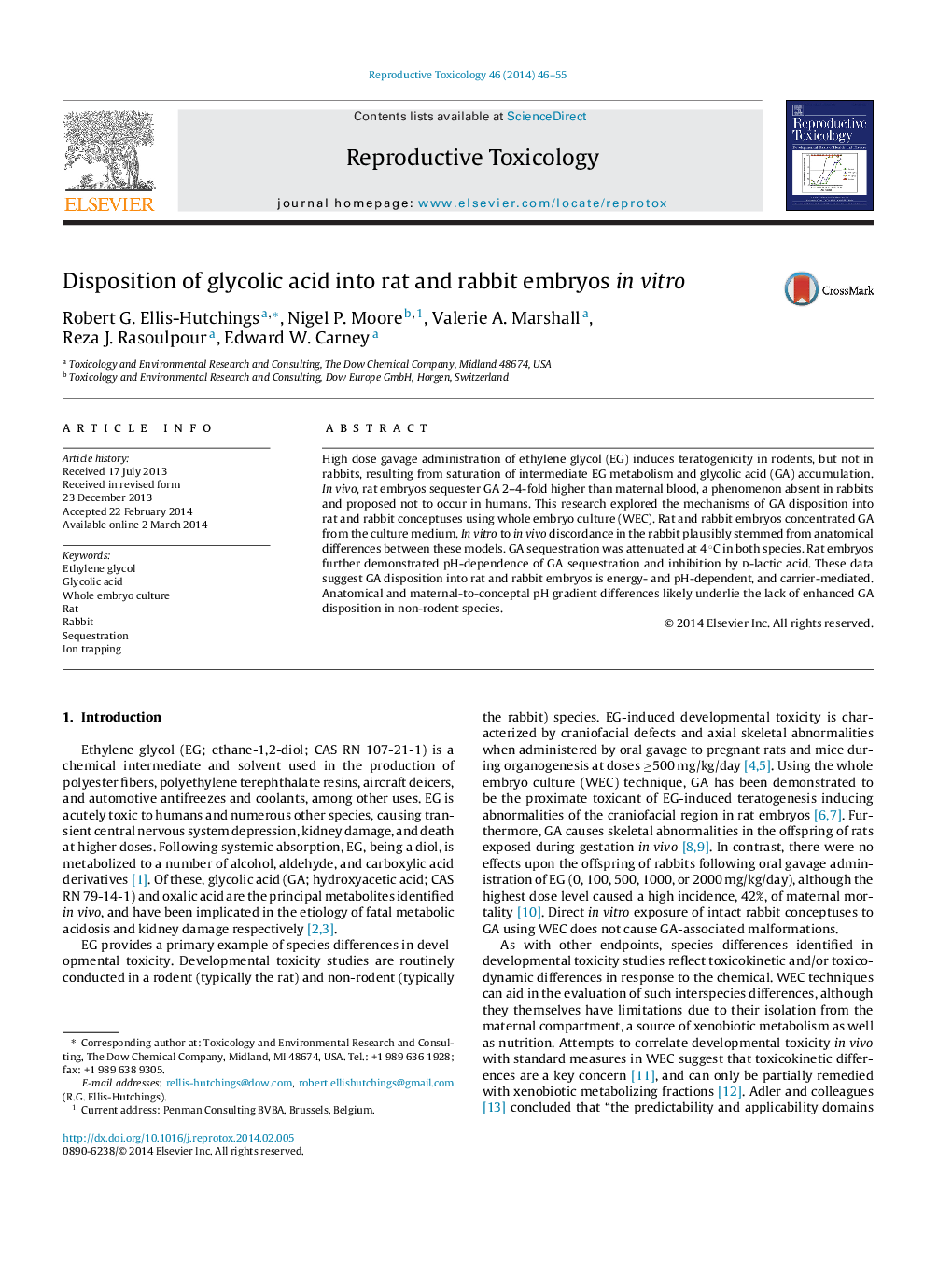 Disposition of glycolic acid into rat and rabbit embryos in vitro