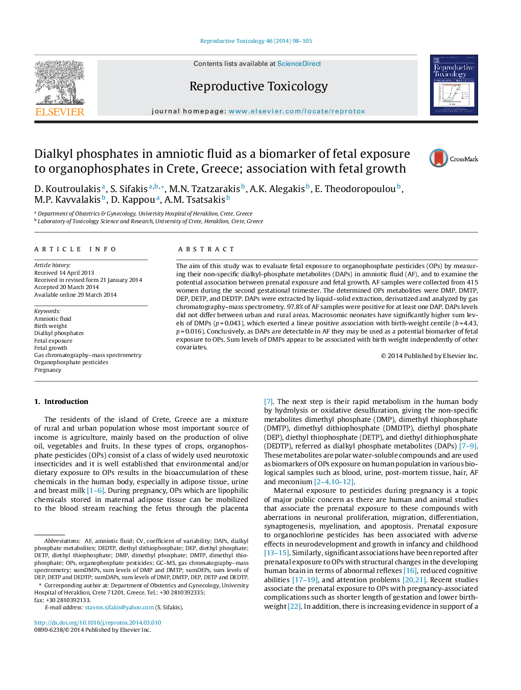 Dialkyl phosphates in amniotic fluid as a biomarker of fetal exposure to organophosphates in Crete, Greece; association with fetal growth