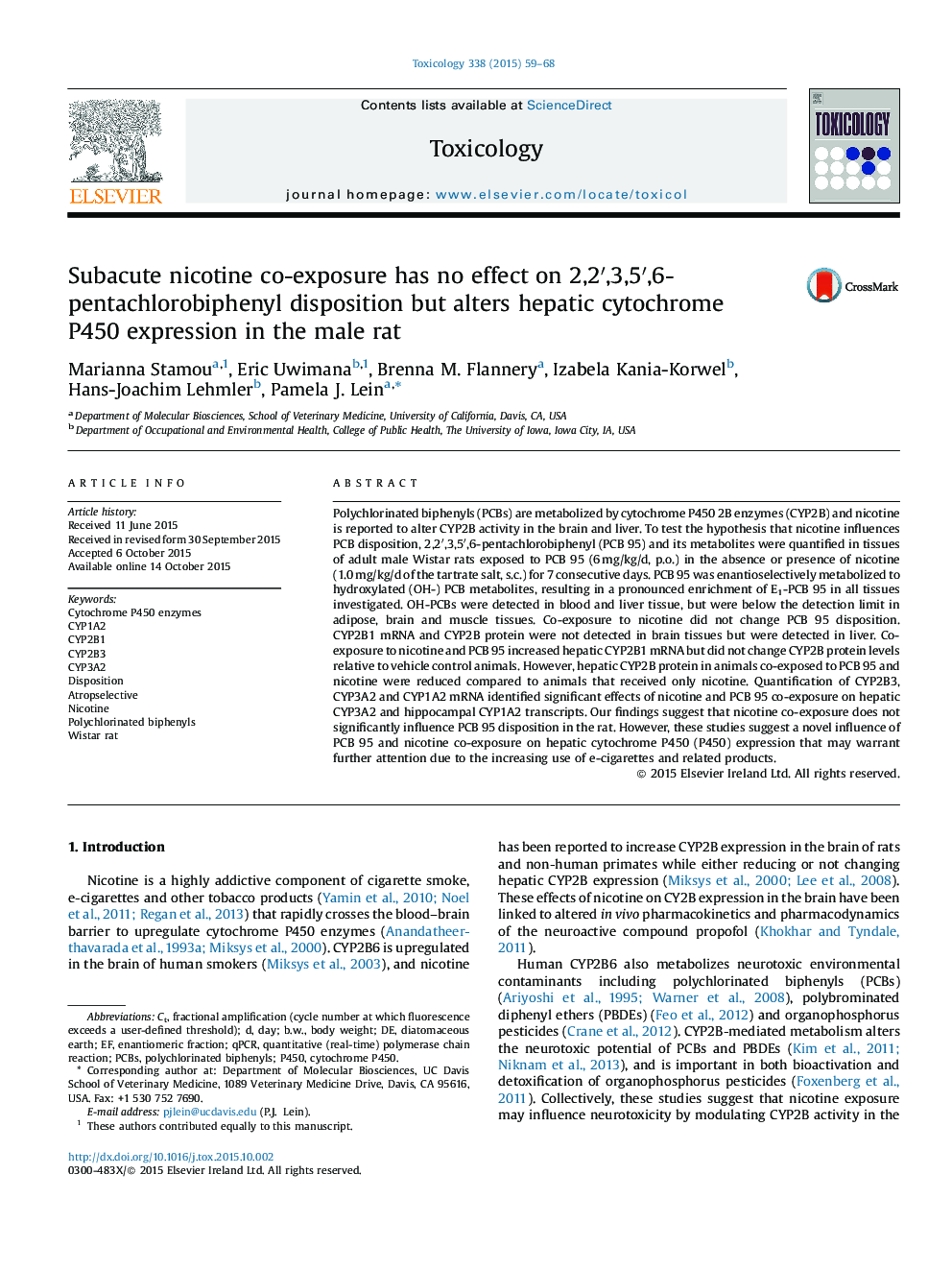 Subacute nicotine co-exposure has no effect on 2,2â²,3,5â²,6- pentachlorobiphenyl disposition but alters hepatic cytochrome P450 expression in the male rat