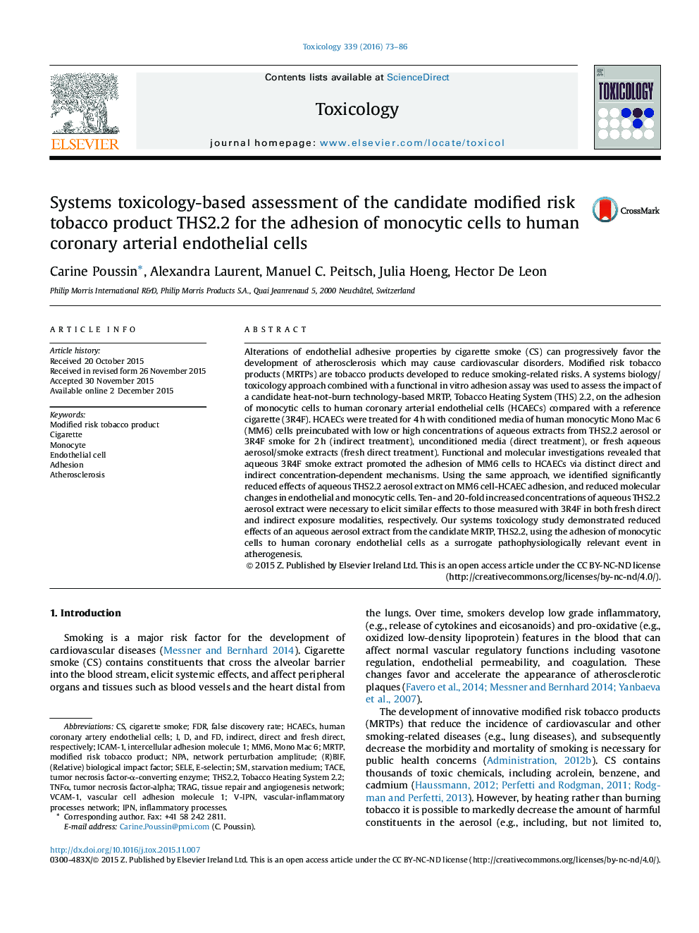 Systems toxicology-based assessment of the candidate modified risk tobacco product THS2.2 for the adhesion of monocytic cells to human coronary arterial endothelial cells