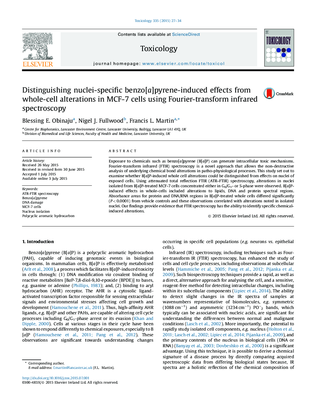 Distinguishing nuclei-specific benzo[a]pyrene-induced effects from whole-cell alterations in MCF-7 cells using Fourier-transform infrared spectroscopy