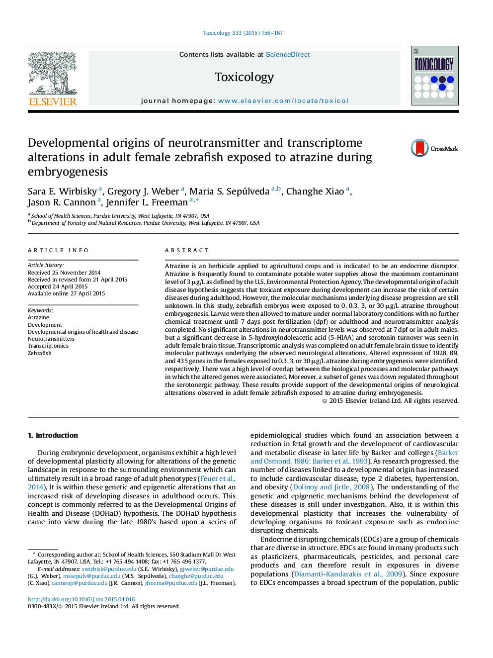 Developmental origins of neurotransmitter and transcriptome alterations in adult female zebrafish exposed to atrazine during embryogenesis