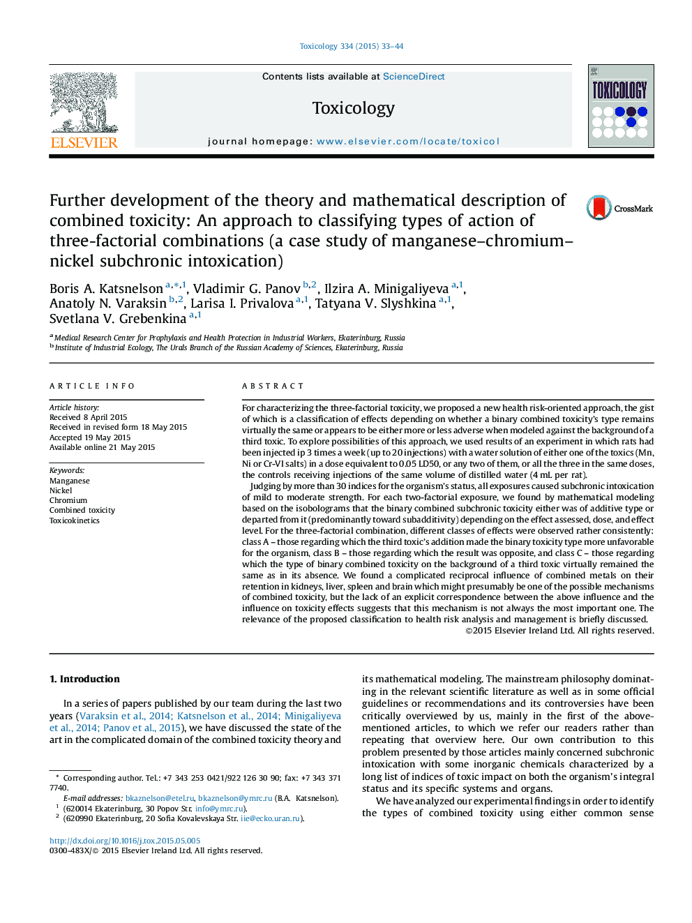Further development of the theory and mathematical description of combined toxicity: An approach to classifying types of action of three-factorial combinations (a case study of manganese-chromium-nickel subchronic intoxication)