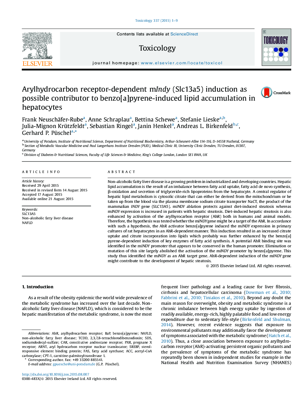 Arylhydrocarbon receptor-dependent mIndy (Slc13a5) induction as possible contributor to benzo[a]pyrene-induced lipid accumulation in hepatocytes