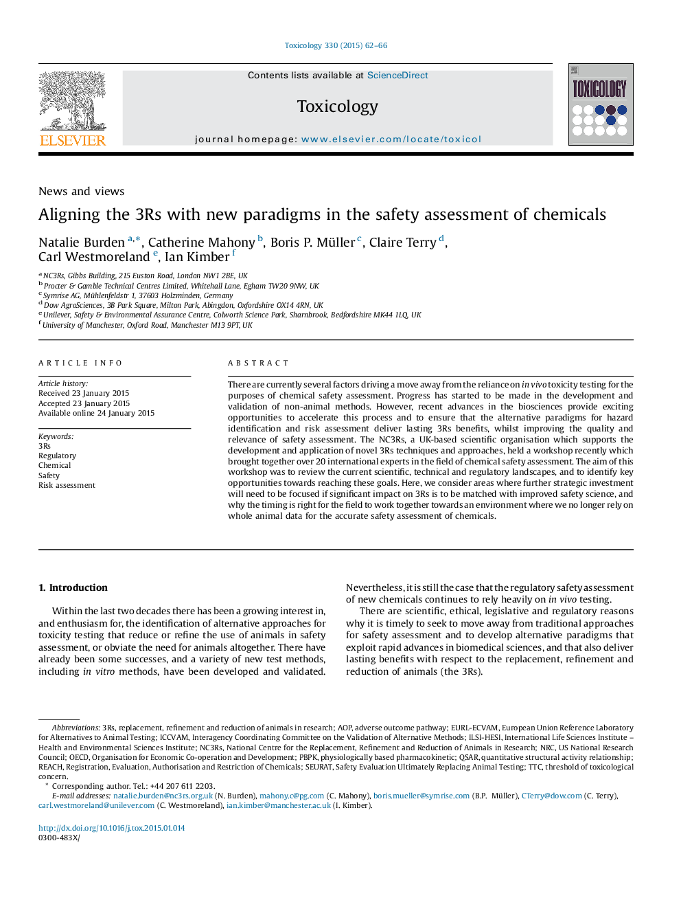 Aligning the 3Rs with new paradigms in the safety assessment of chemicals