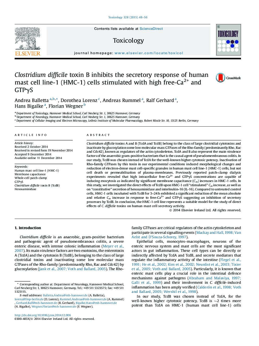 Clostridium difficile toxin B inhibits the secretory response of human mast cell line-1 (HMC-1) cells stimulated with high free-Ca2+ and GTPÎ³S