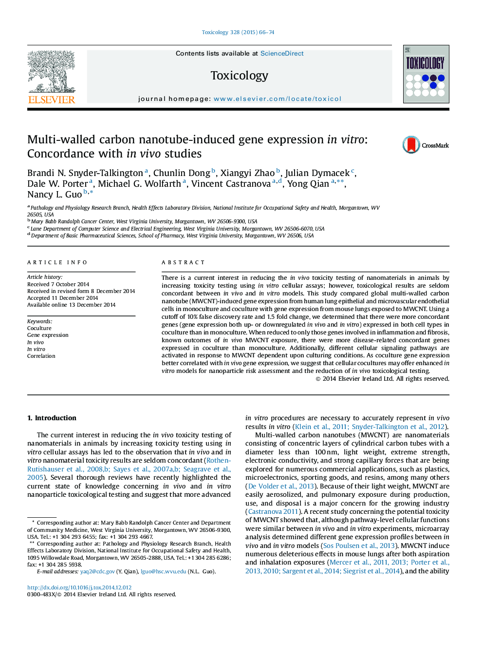 عکس صفحه اول مقاله: Multi-walled carbon nanotube-induced gene expression in vitro: Concordance with in vivo studies Multi-walled carbon nanotube-induced gene expression in vitro: Concordance with in vivo studies