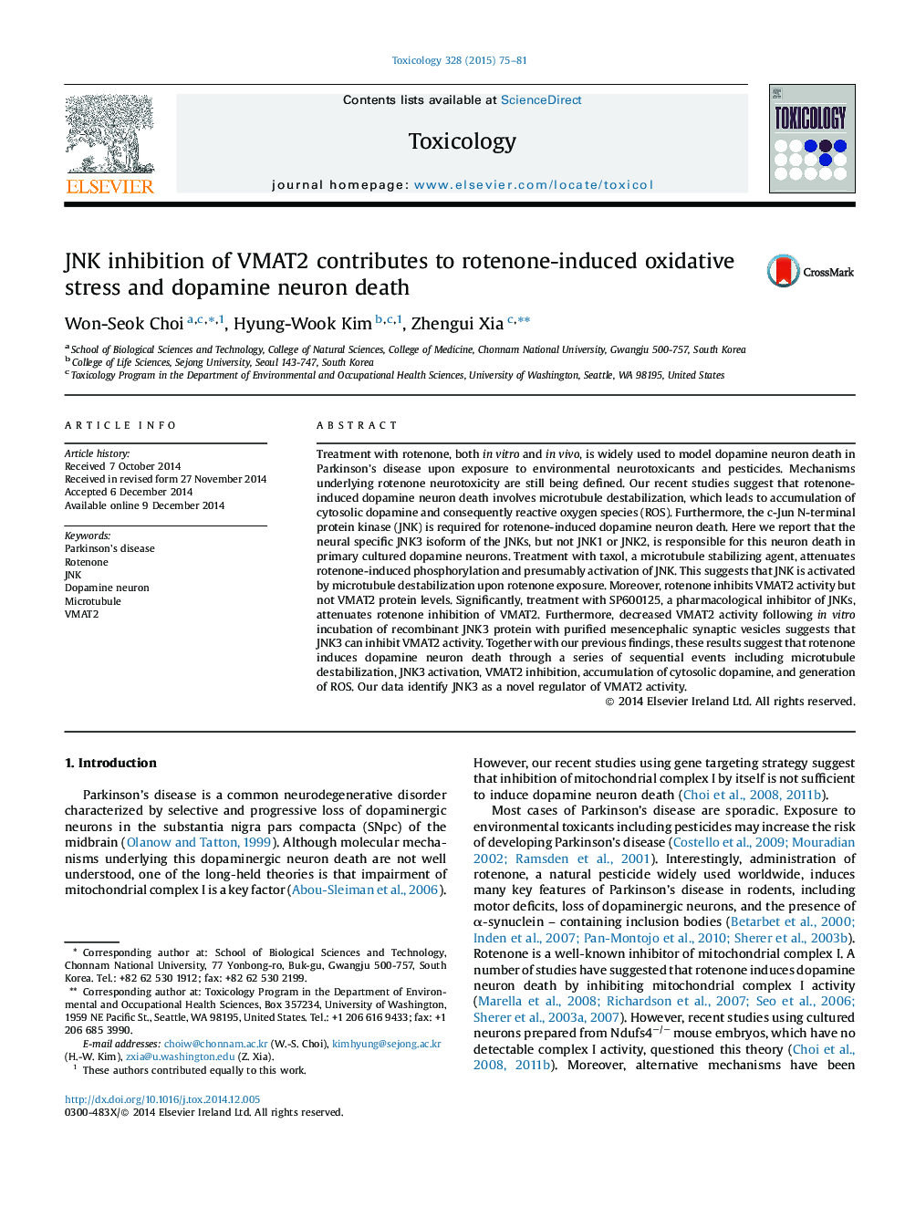 JNK inhibition of VMAT2 contributes to rotenone-induced oxidative stress and dopamine neuron death