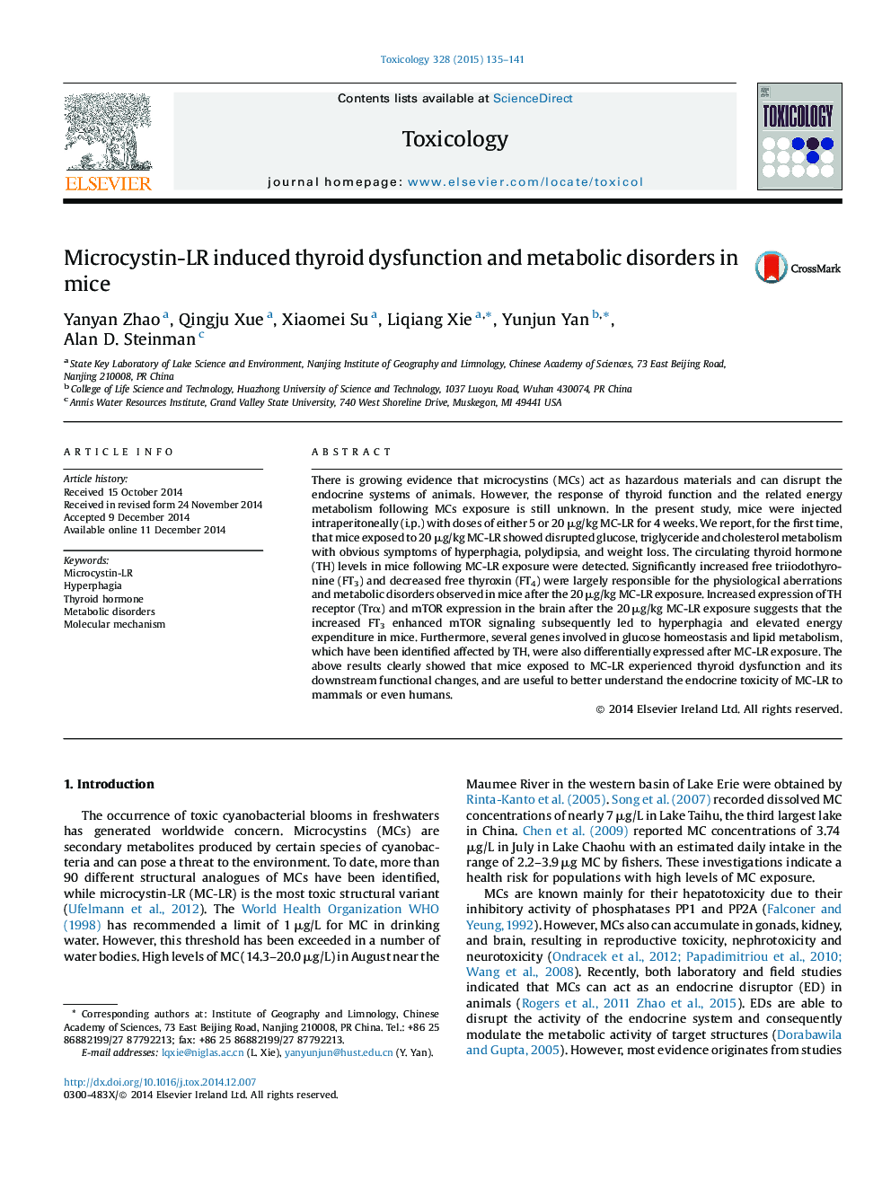 Microcystin-LR induced thyroid dysfunction and metabolic disorders in mice