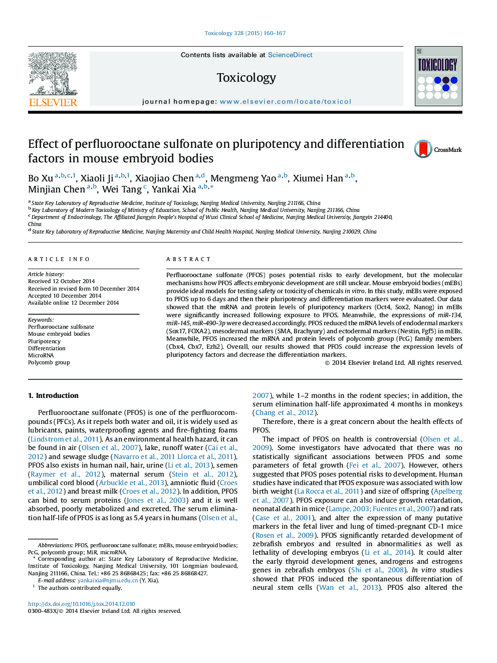 Effect of perfluorooctane sulfonate on pluripotency and differentiation factors in mouse embryoid bodies