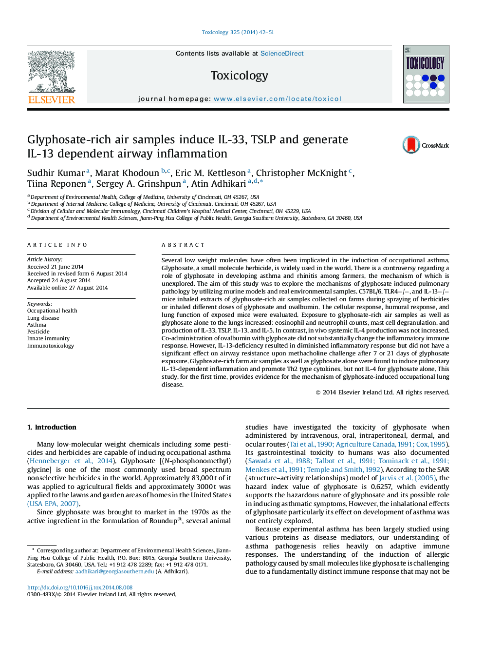 Glyphosate-rich air samples induce IL-33, TSLP and generate IL-13 dependent airway inflammation