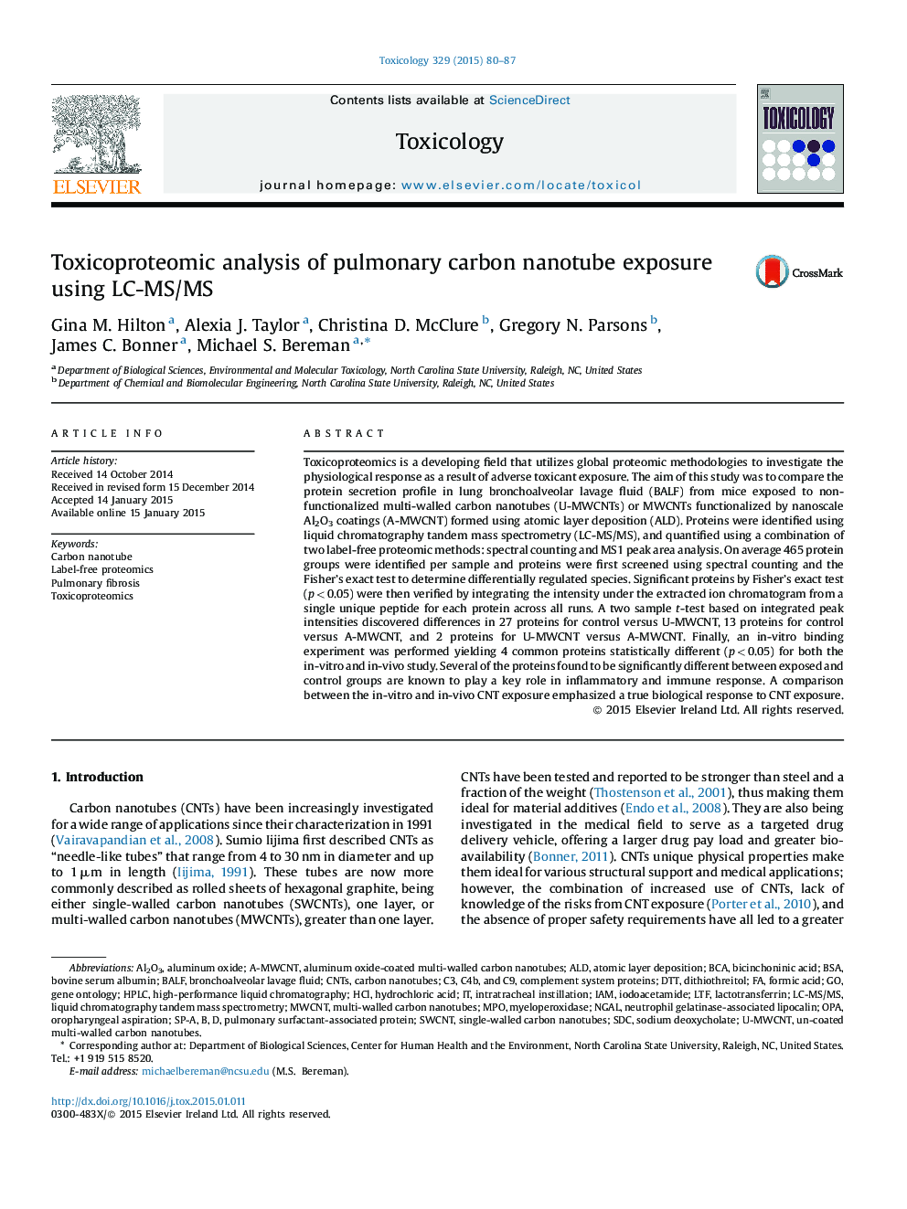 Toxicoproteomic analysis of pulmonary carbon nanotube exposure using LC-MS/MS