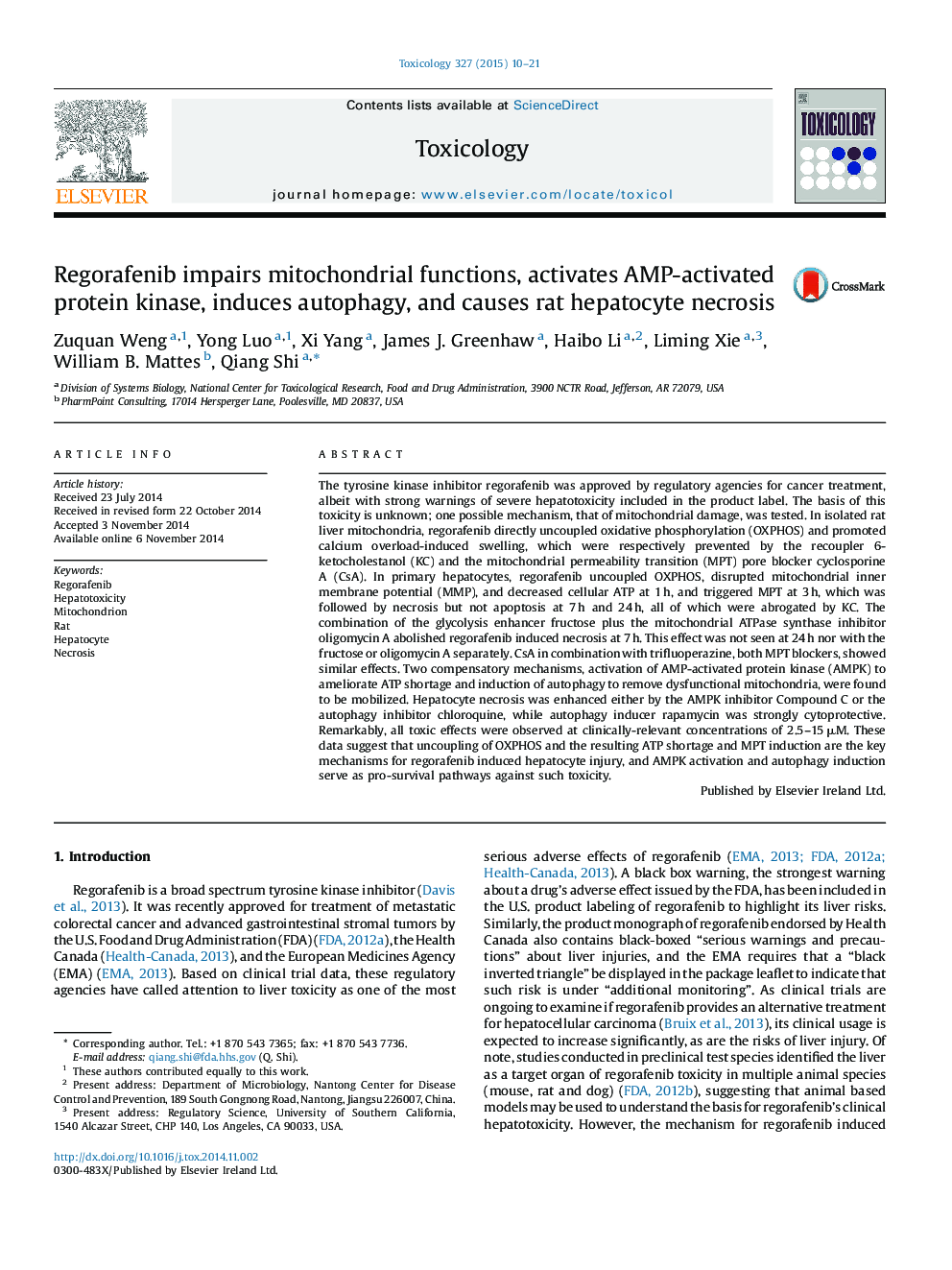 Regorafenib impairs mitochondrial functions, activates AMP-activated protein kinase, induces autophagy, and causes rat hepatocyte necrosis